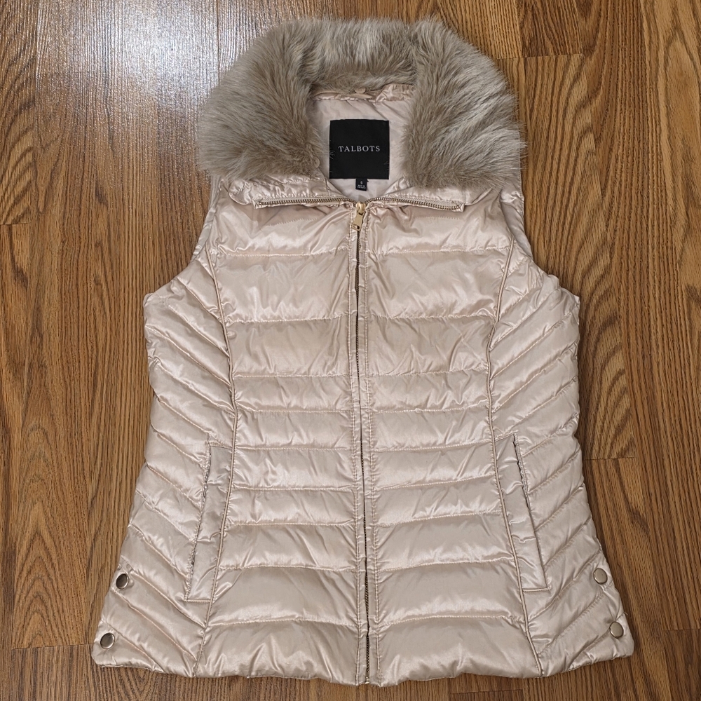 Talbots Metallic Down Puffer Vest With Detachable Faux Fur Collar Women's Size S